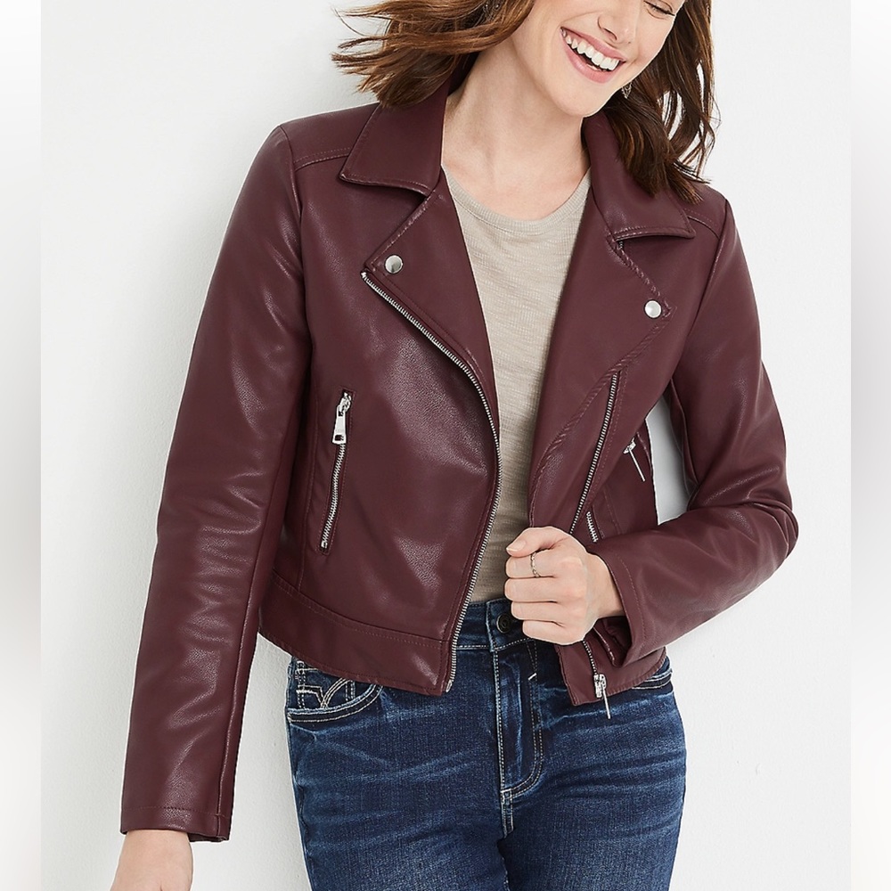 Vigoss Women’s Maroon Faux Leather Moto Jacket NWT